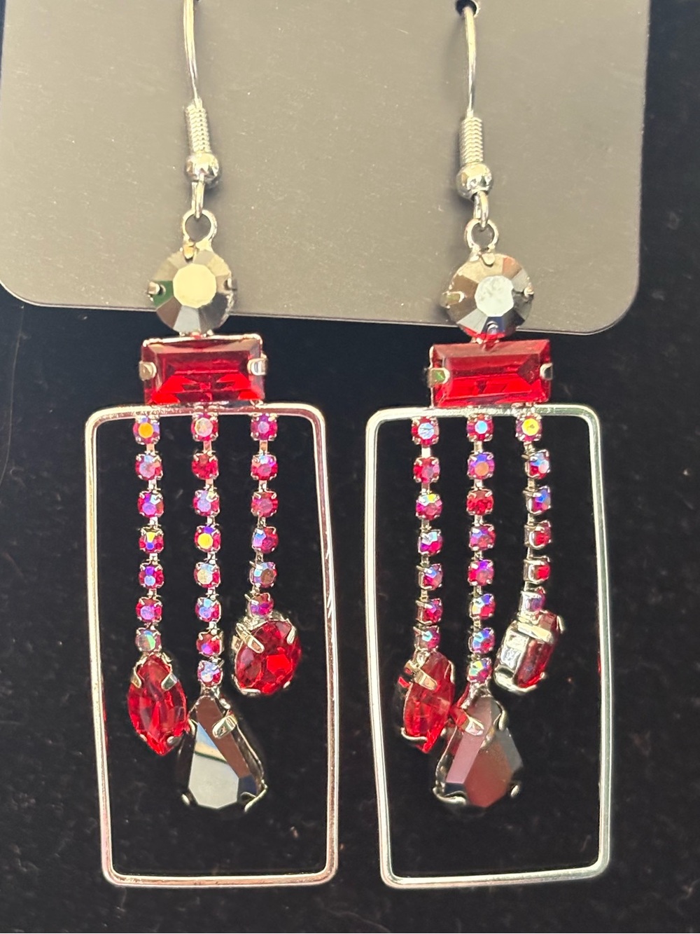 Red Crystal Drop Rectangle Earrings - paparazzi
